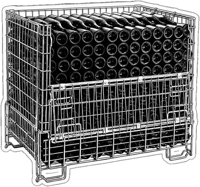 Engraving of a wire cage stacked with resting bottles