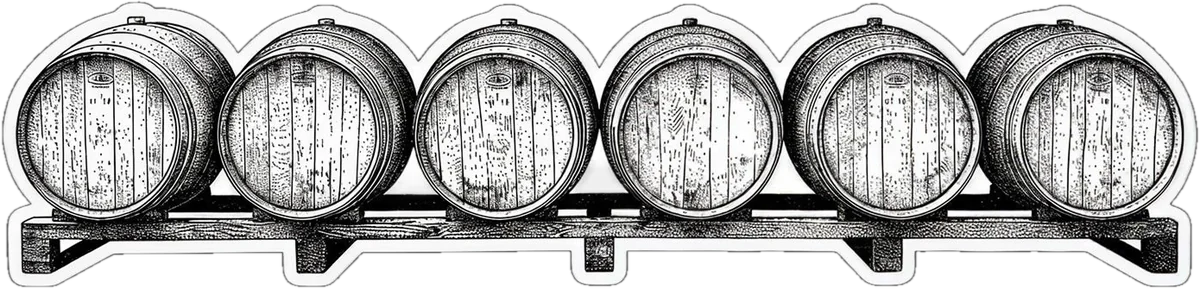 Engraving of six barrels resting on a rack
