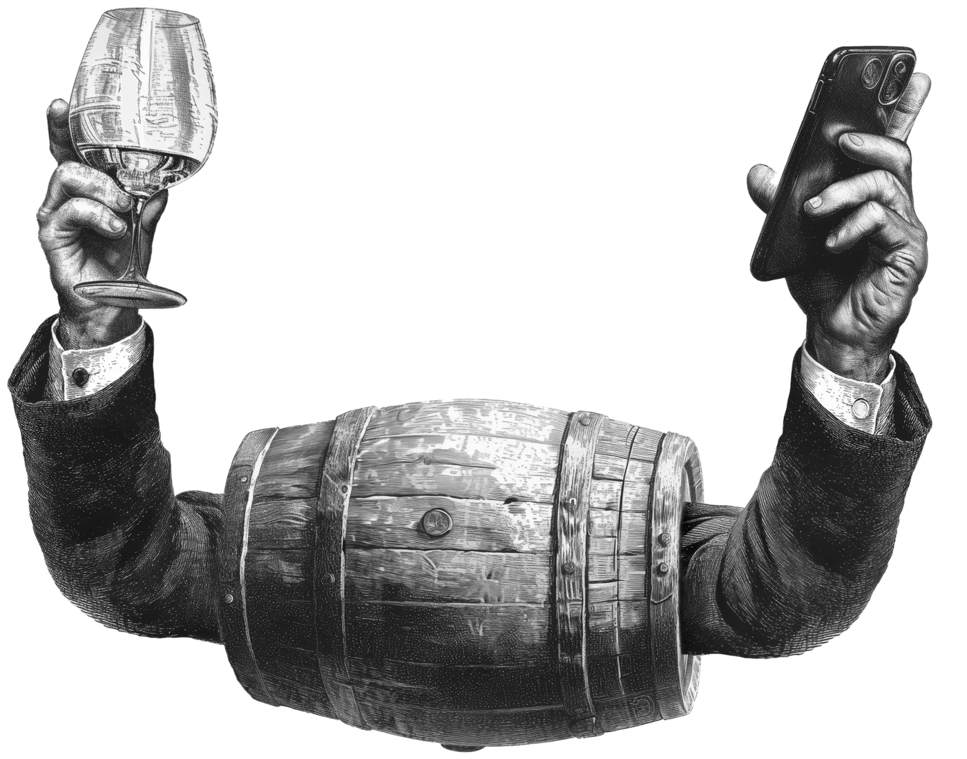 The Cellarhands — an etched illustration of a wine barrel with arms, one hand raising a glass of white wine, the other holding a phone