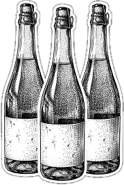 Engraving of three sparkling wine bottles