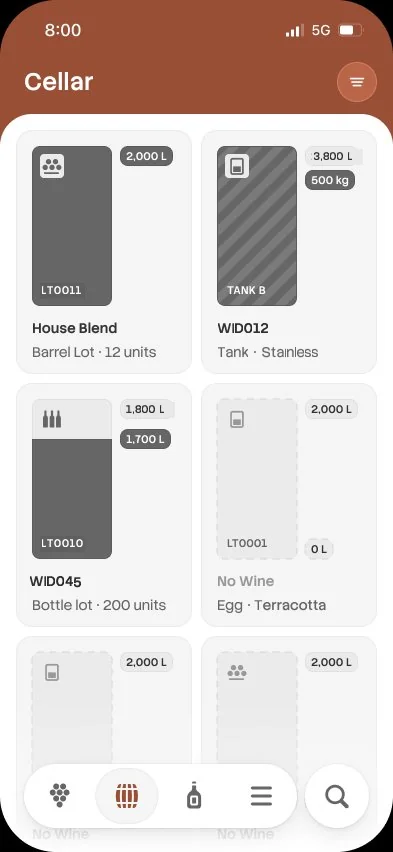Cellarhand Cellar module — vessels with live volumes, barrel lots, tanks and amphorae