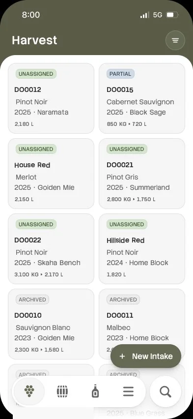 Cellarhand Harvest module — intake dockets with varietal, vineyard and weight-to-volume records