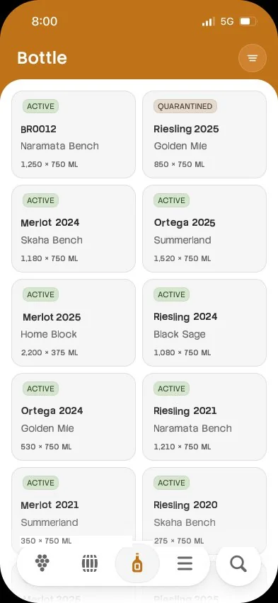 Cellarhand Bottle module — bottling runs with counts, formats and lot status